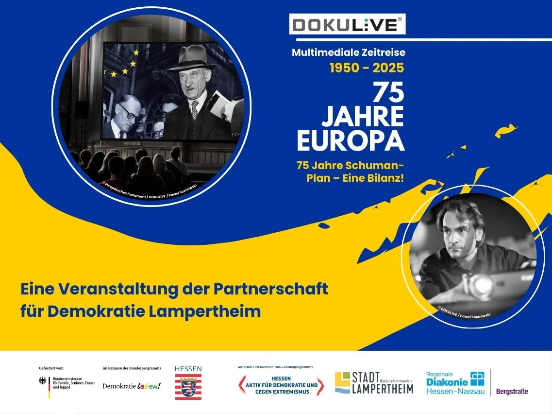 Header: Eine multimediale Zeitreise zum Thema 75. Jahre Europa. Eine Veranstaltung der Partnerschaft für Demokratie in Lampertheim.