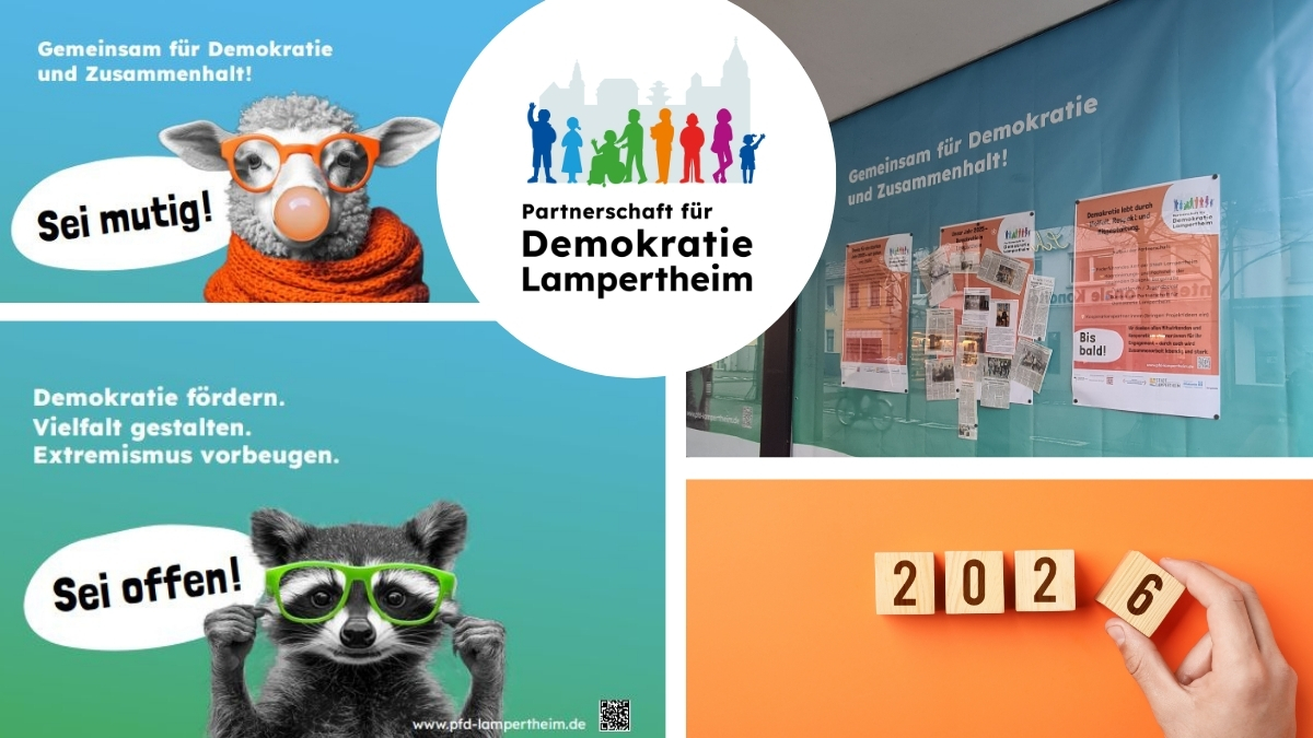 Collage aus einer Bannerfläche der Partnerschaft für Demokratie und einem Bild, auf dem aus Holzbuchstaben die Zahl 2026 gelegt ist.