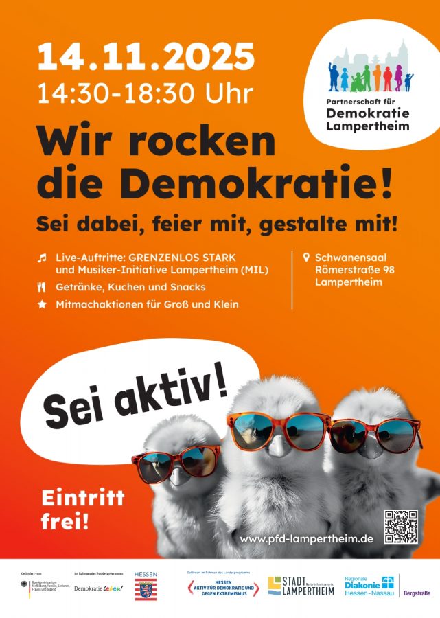 Plakat: Wir rocken die Demokratie! Lampertheim, 14.11.2025 im Schwanensaal. Kostenfrei! 