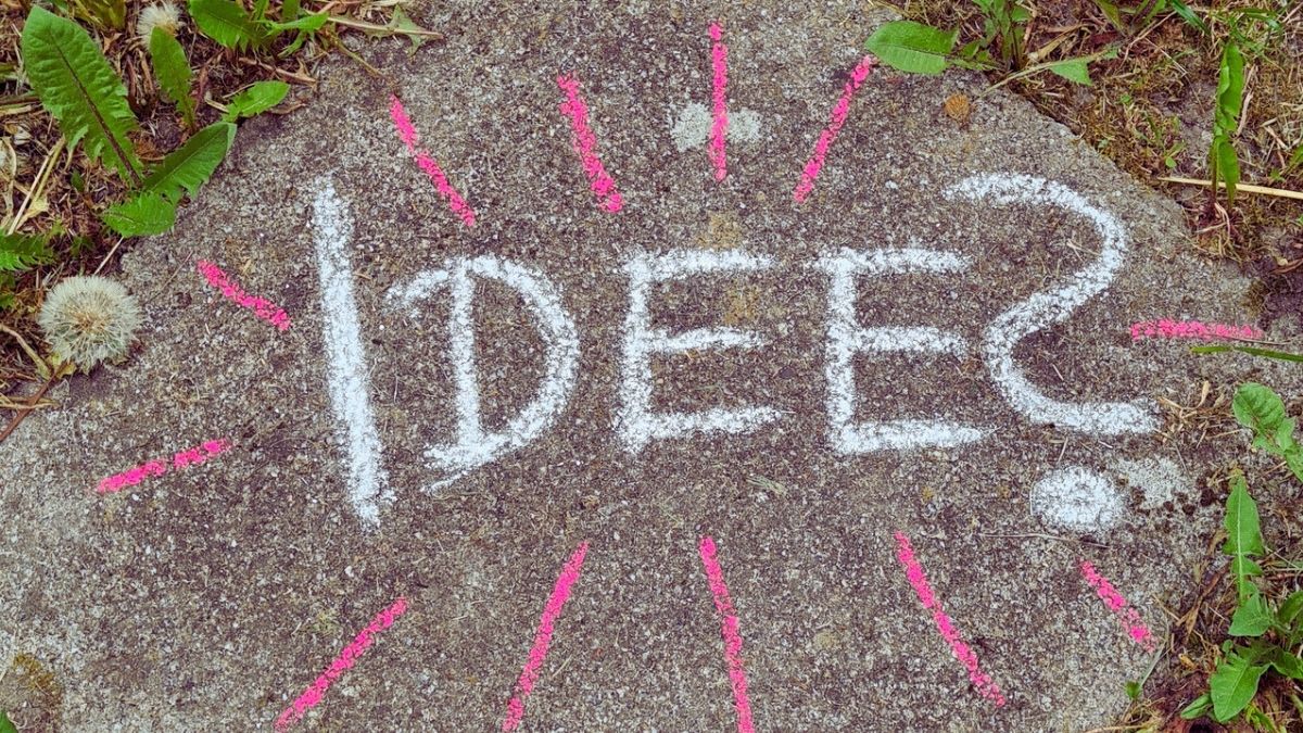 Mit weißer Kreide auf Asphalt geschriebenes Wort "Idee?" in Großbuchstaben.