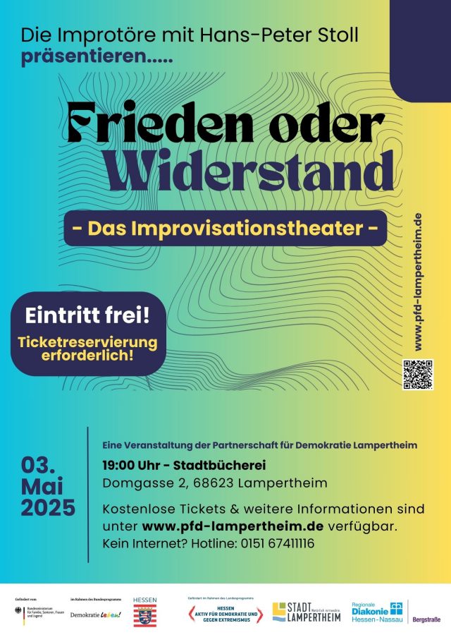 Plakat: Improvisationstheater. Veranstaltung findet am 03.05.2025 um 19:00 Uhr in der Stadtbücherei in Lampertheim statt. Eintritt frei.