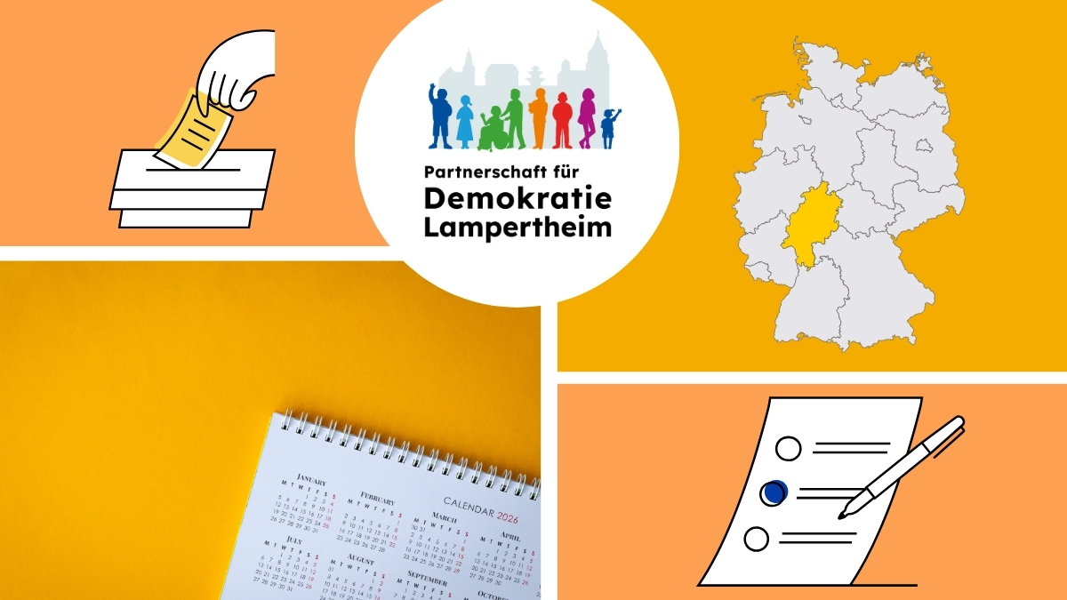 Collage aus vier Bildern: eine Wahlurne mit eingeworfenem Stimmzettel, eine Deutschlandkarte mit gelb markiertem Bundesland Hessen, ein Kalender mit März 2026 und ein Stimmzettel.