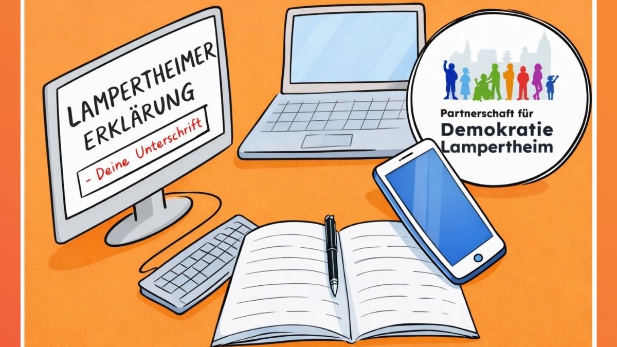 Ein Bild mit orangefarbenem Hintergrund. Gezeichnet im Comicstil sind ein Laptop, ein Smartphone, ein Monitor und eine Unterschriftenliste mit Kugelschreiber zu sehen.