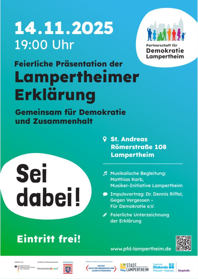 Plakat: Feierliche Präsentation der Lampertheimer Erklärung. Veranstaltung findet am 14.11.2025 um 19:00 Uhr in der St. Andreas Kirche in Lampertheim statt. Eintritt frei.