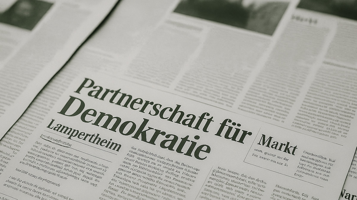 Bild: Tageszeitung mit Überschrift "Partnerschaft für Demokratie" und Ortsangabe "Lampertheim".
