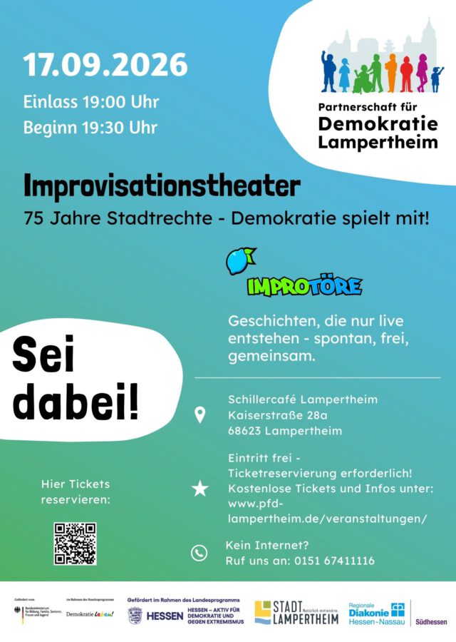 Plakat: Improvisationstheater. 75 Jahre Stadtrechte - Demokratie spielt mit!