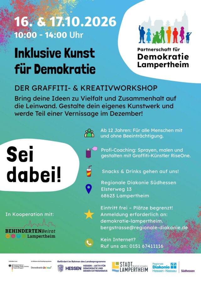 Plakat: Inklusive Kunst für Demokratie am 16. & 17.10.2026 für alle Menschen mit und ohne Beeinträchtigung.