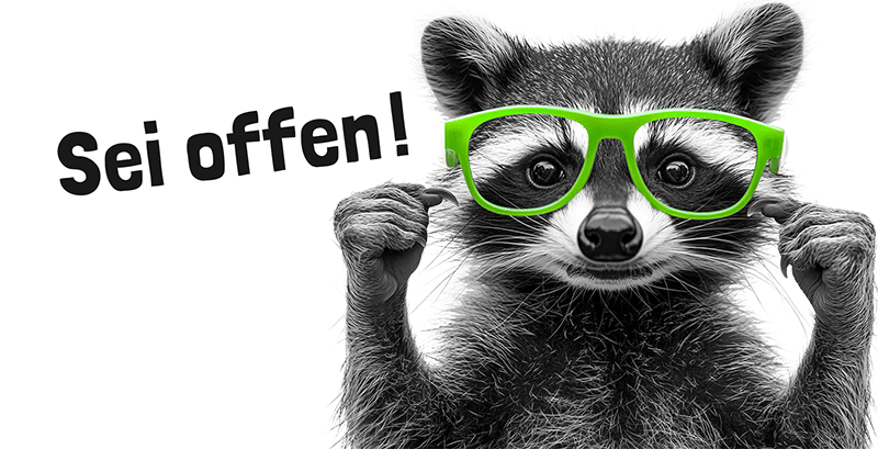 waschbaer sei offen 800px x 409px Waschbär mit grüner Brille, daneben der Schriftzug 'Sei offen!' – Motiv der Partnerschaft für Demokratie Lampertheim